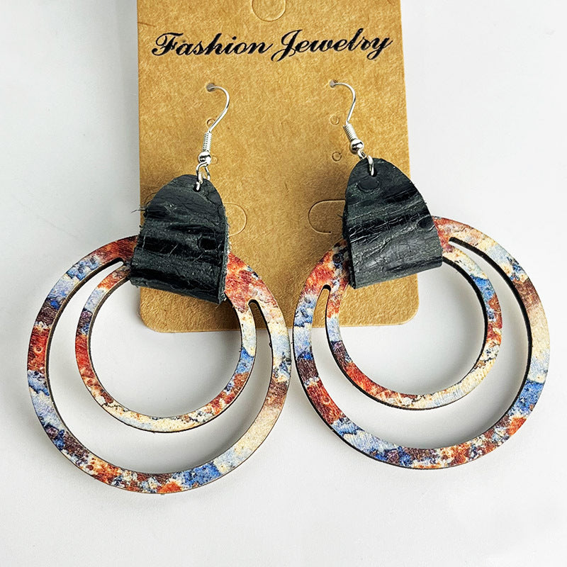 Wholesale 2 Pairs/pack Bohemian Vintage Distressed Genuine Leather Texture Mother's Day Wooden Earrings ACC-ES-HY077