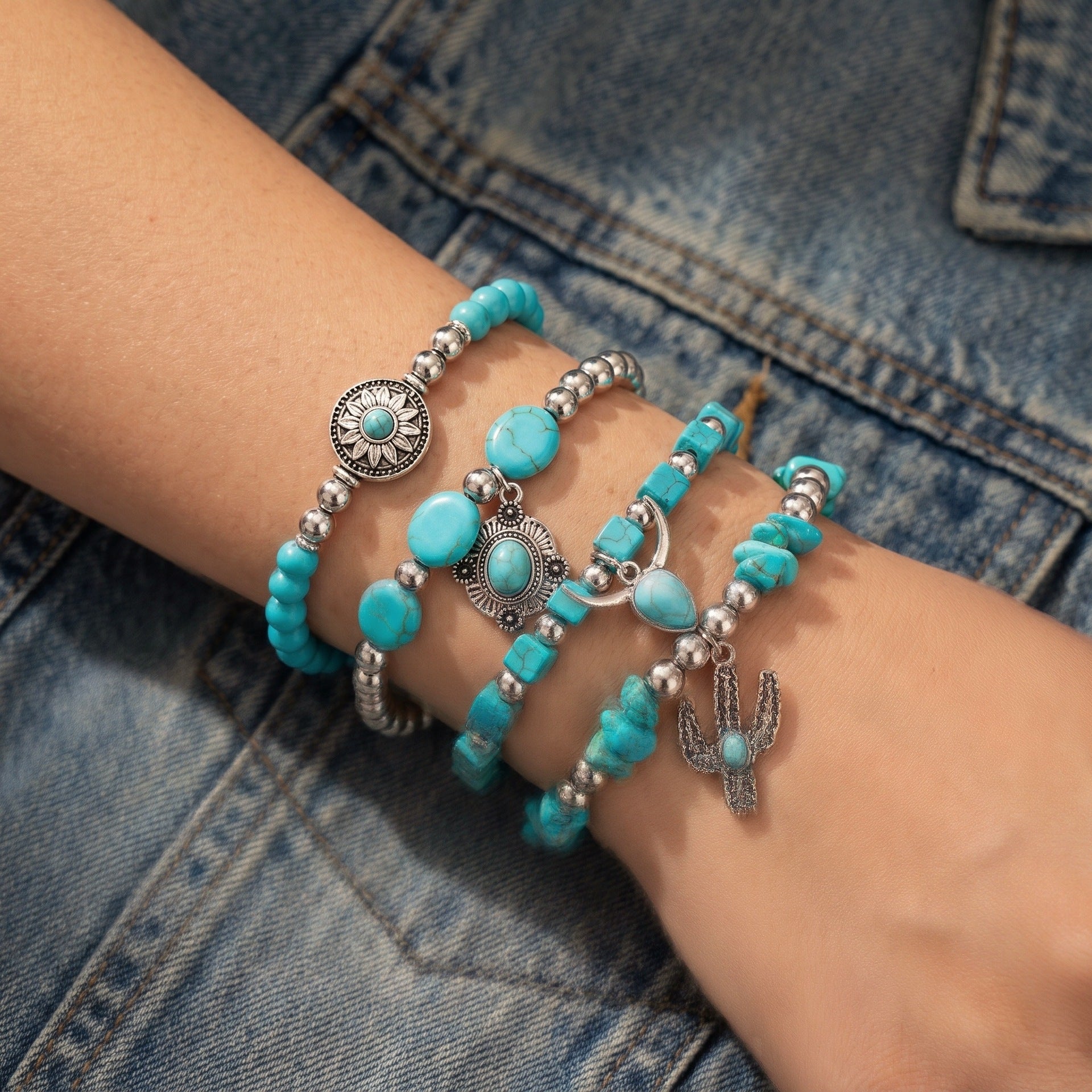 Wholesale Retro Cowboy Turquoise Bracelet Set Women S Handmade Engraved Metal Jewelry 5 Piece Gift Everyday Wear