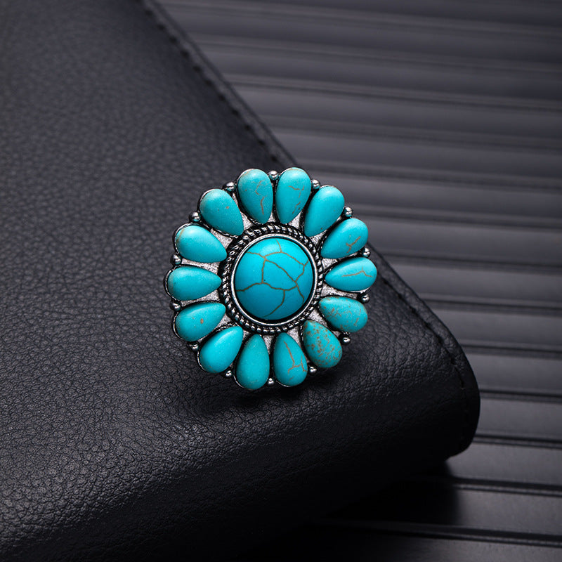 Wholesale Retro Bohemian Silver Flower Imitation Turquoise Ring - Fashion Accessory for Boutique Resale