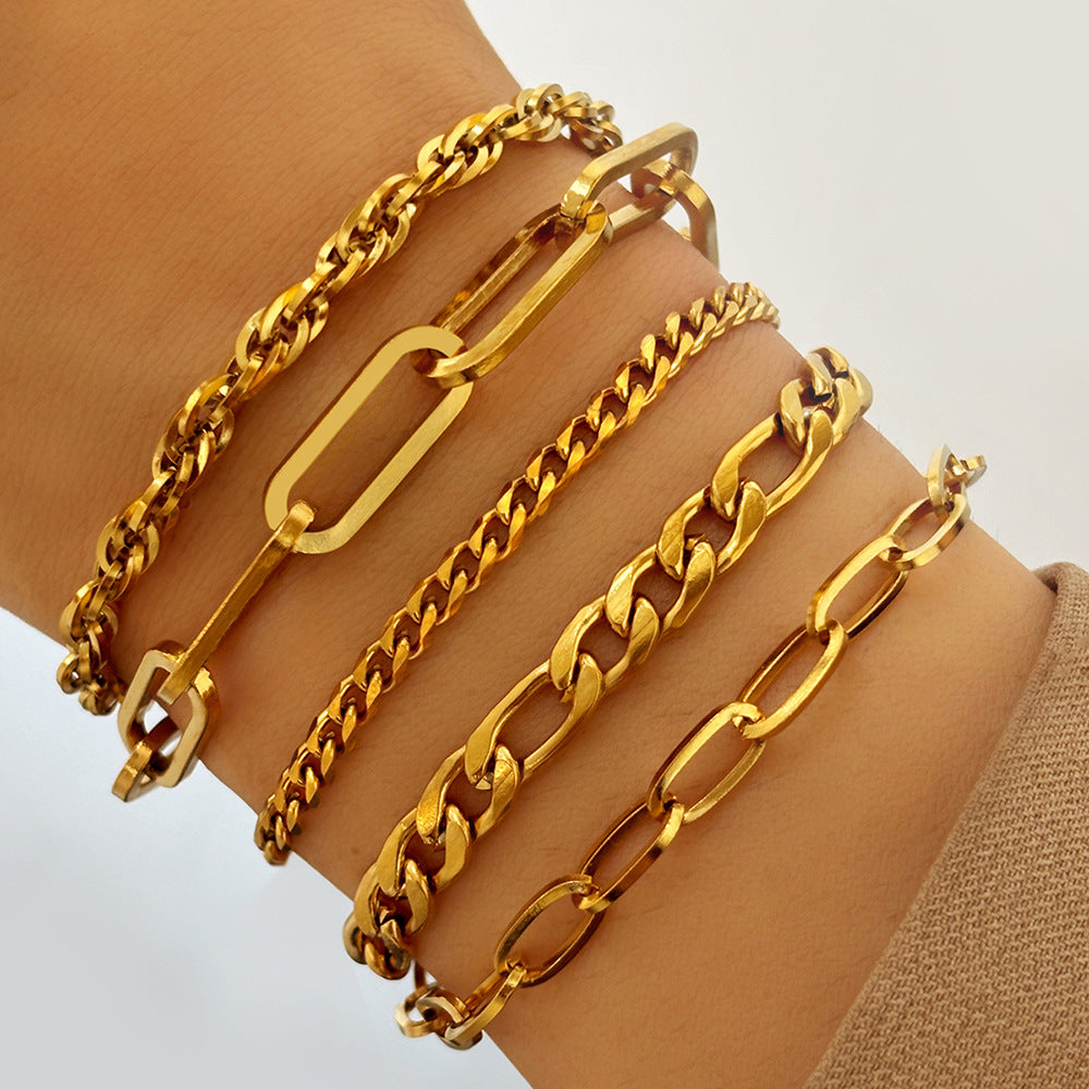 Wholesale Women S Electroplated Stainless Steel Boho Minimalist Chain Bracelet 5 Piece Set Layered Geometric Jewelry For Everyday Wear Party Gift