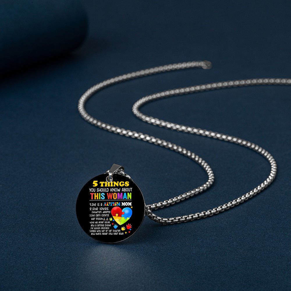Wholesale Autism MOM Puzzle Color Printed Pendant Stainless Steel Necklace Mother's Day ACC-NE-HuanYu004
