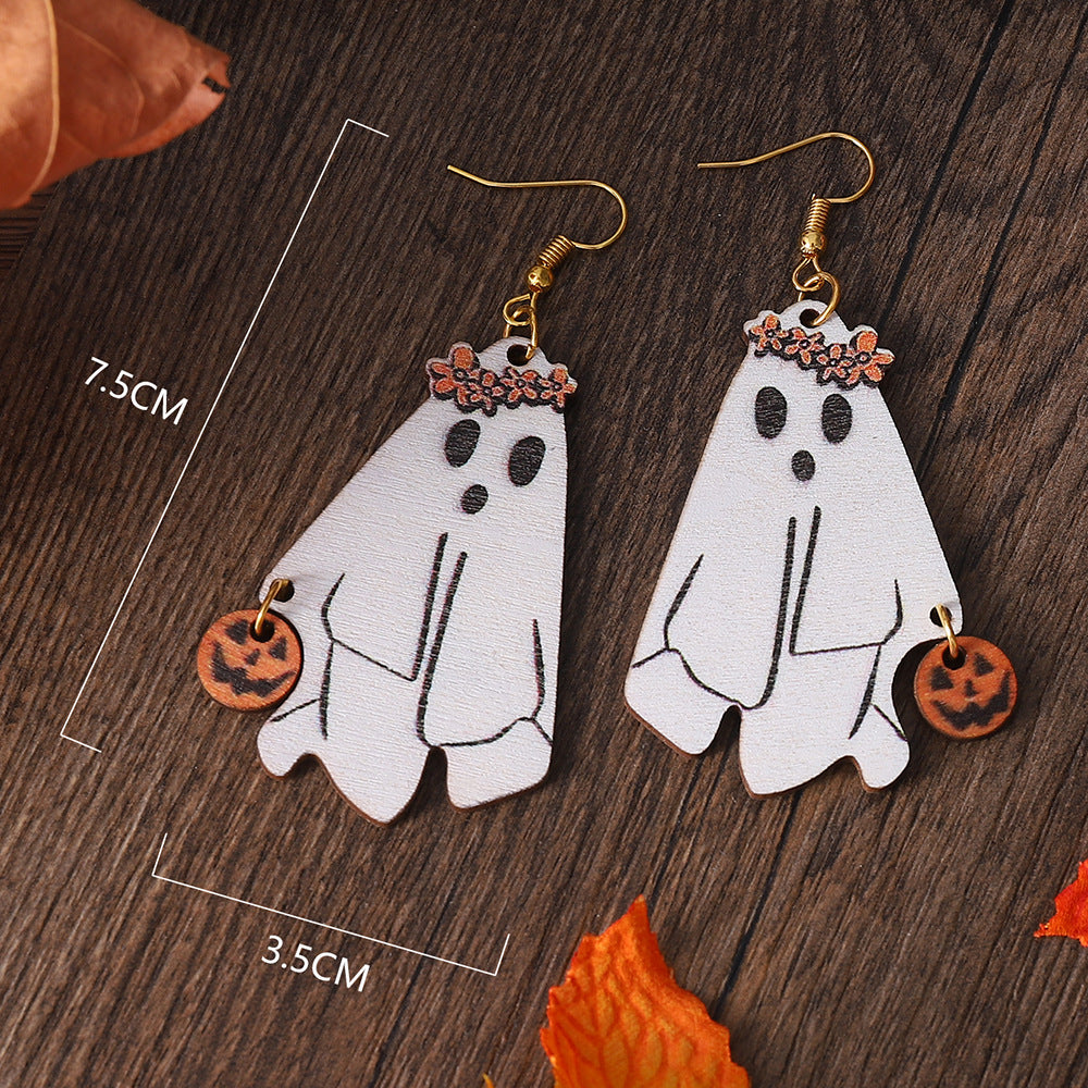 Wholesale Halloween Party Ghost Double Sided Wooden Earrings ACC-ES-ChuLian058