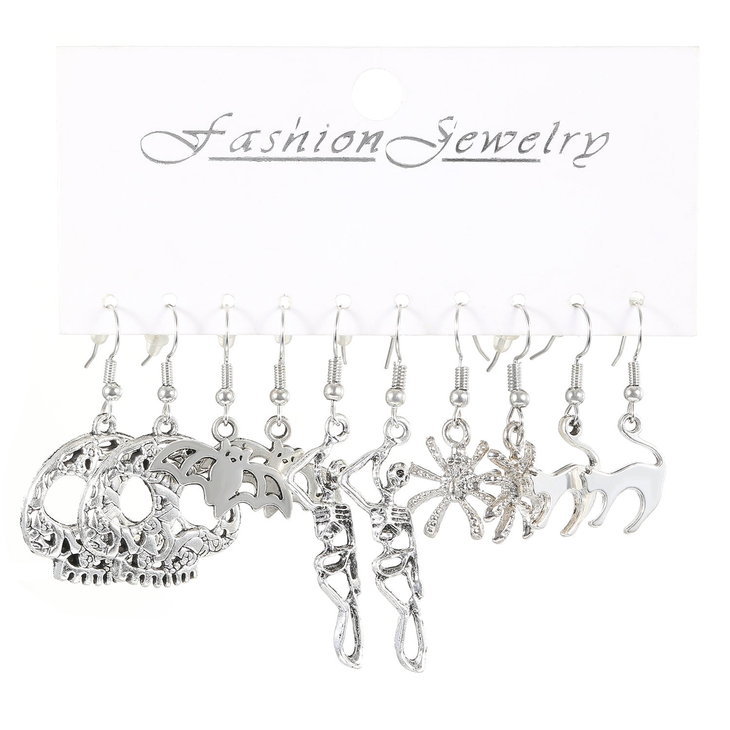 Wholesale Alloy Ancient Silver  Statement Earrings Set – 5 Pairs Pumpkin Skull  Theme,  Party Fashion Accessory