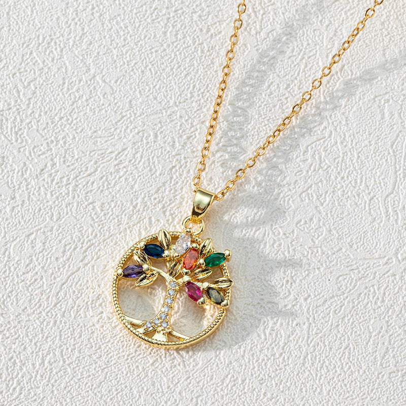 Wholesale Round Hollow Tree of Life Pendant Necklace 18K Gold Plated Necklace Zircon Necklaces ACC-NE-SY007