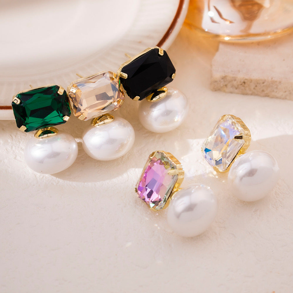 Wholesale Silver Needle  Zircon Large Pearl Earrings Retro Light Luxury Colorful  Earrings