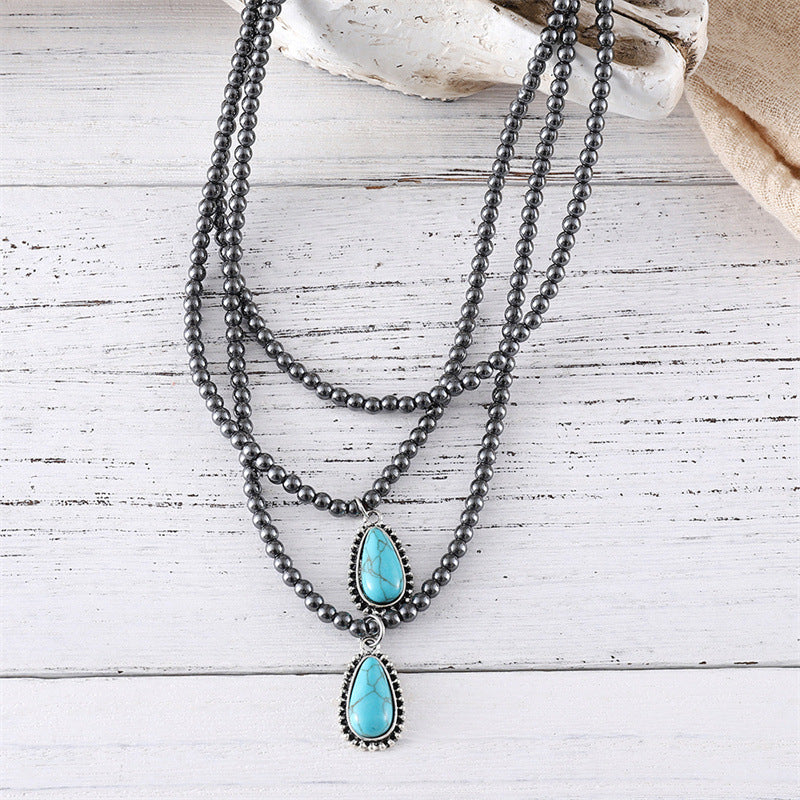 Wholesale Zinc Alloy Bohemian Teardrop Turquoise Black Bead Necklace Jewelry Accessory