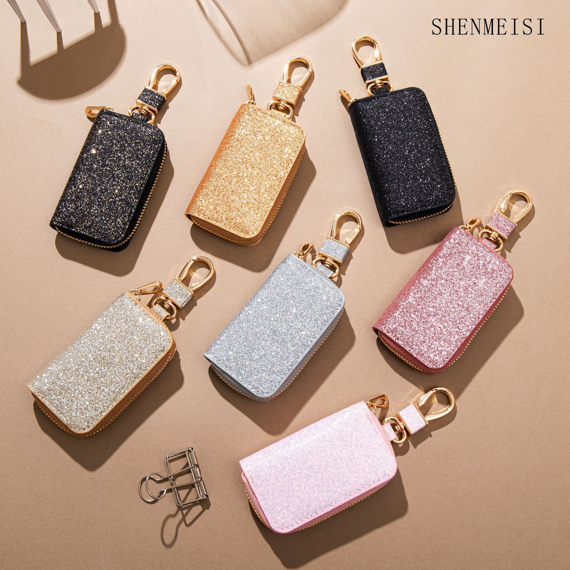 Wholesale Stylish Sequin Car Key Bag PU Leather Key Organizer Decorative Accessory For Men And Women