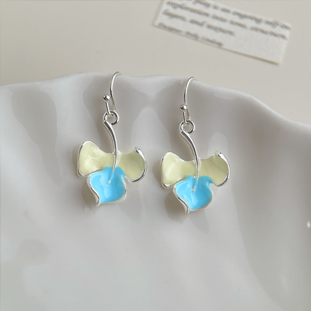 Wholesale Copper Blue Enamel Drip-Glazed Flower Earrings,  Fresh Floral Pearl Studs,  Fashion Accessory