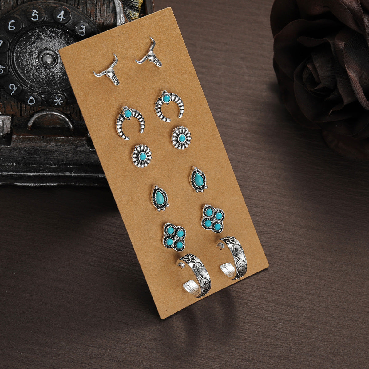Wholesale Western-style turquoise heart earrings 6-piece set