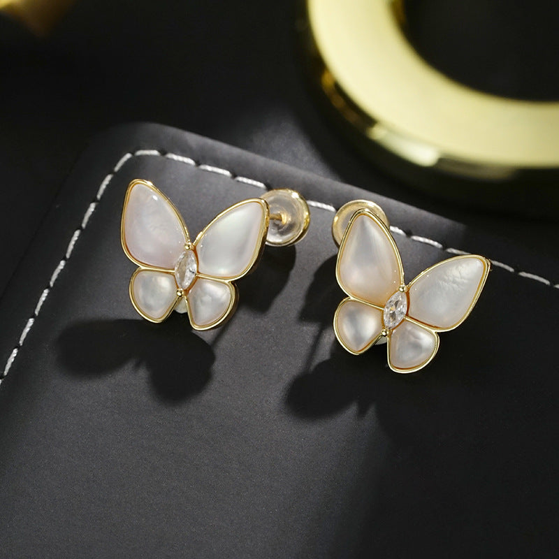 Wholesale 925 silver needle  cute style natural white fritillary butterfly  earrings