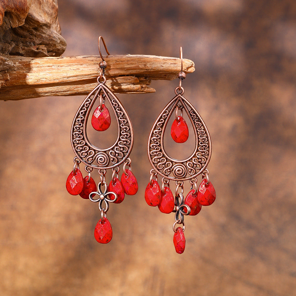Wholesale Vintage Chinese Style Red Tassel Earrings Long Exaggerated Party Wear Jewelry Accessory