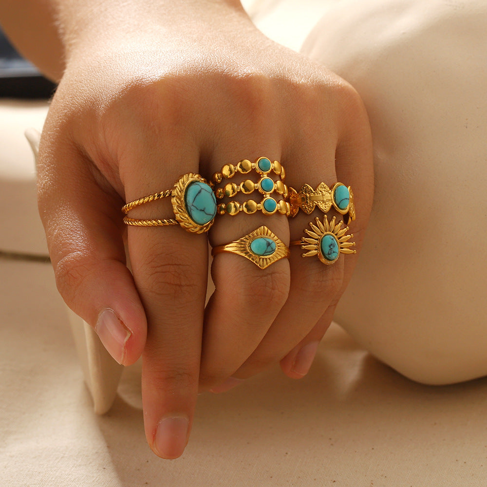 Wholesale Vintage Turquoise Open Ring Gold Plated Titanium Steel Fashion Jewelry Accessory