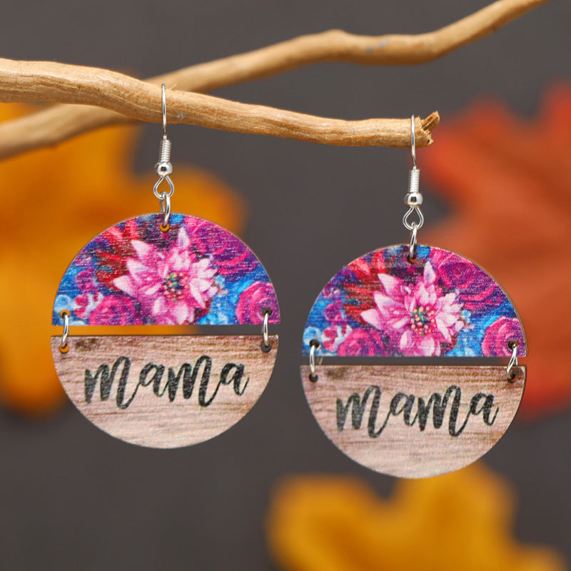 Wholesale  Mother's Day Vintage Earrings  Leopard Flower Wooden Round Earrings