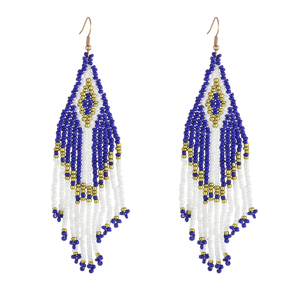 Wholesale Exaggerated Rhombus Colorful Rice Beads Tassel Earrings Bohemian Style ACC-ES-Lant002