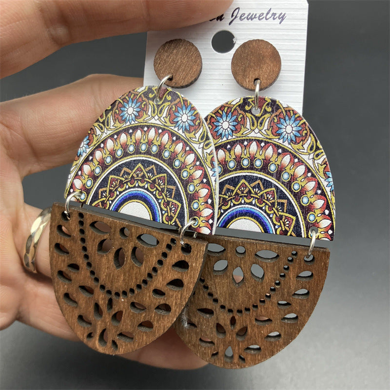Wholesale Boho Style Cutout Printed Oval Wooden Earrings ACC-ES-FX005