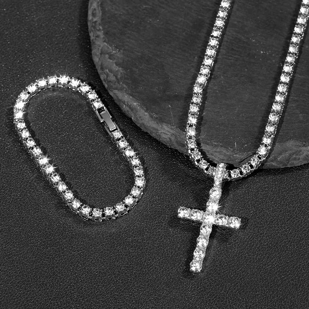 Wholesale Rhinestone Cross Pendant Necklace Hip Hop Bling Jewelry Fashion Accessory for Men Women