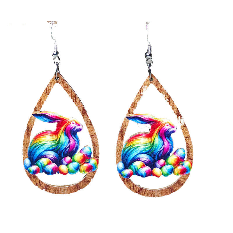 Wholesale Easter Earrings Cute Colorful Rabbit Egg Hollow Wooden Earrings