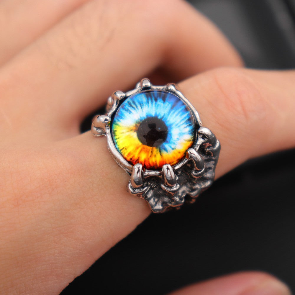 Wholesale Retro Dragon Claw Eye Ring with Red Glasses Detail,  Alloy Punk Jewelry Accessory for Everyday Wear