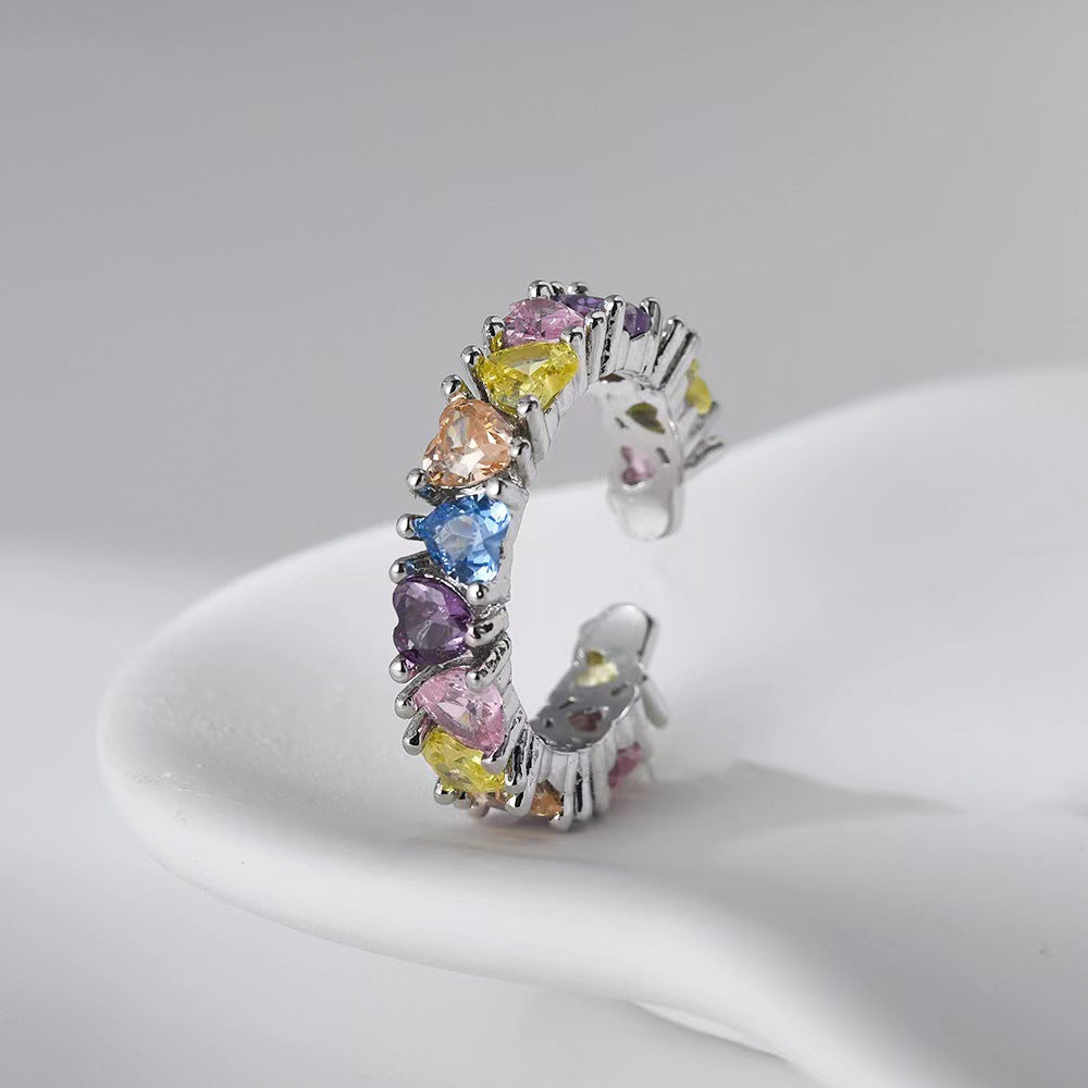 Wholesale Rainbow Hip-hop Style Ring Light Luxury Colorful Love Zircon Open Rings ACC-RS-YXY045