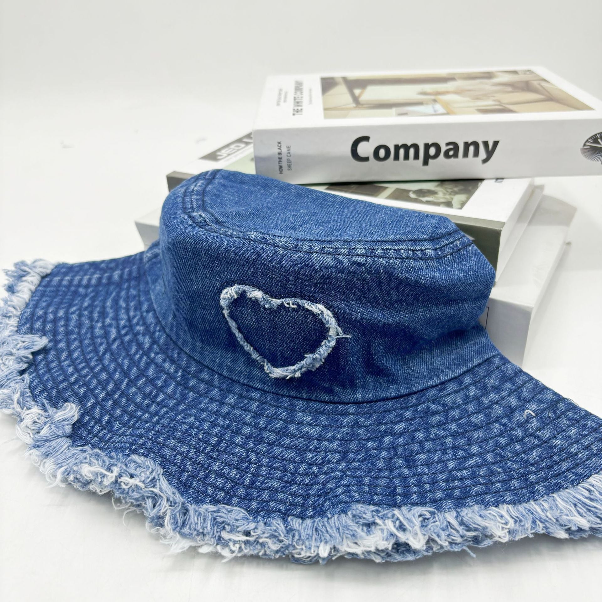 Wholesale  Retro Love Denim Fisherman Hat  Bucket Basin Hat