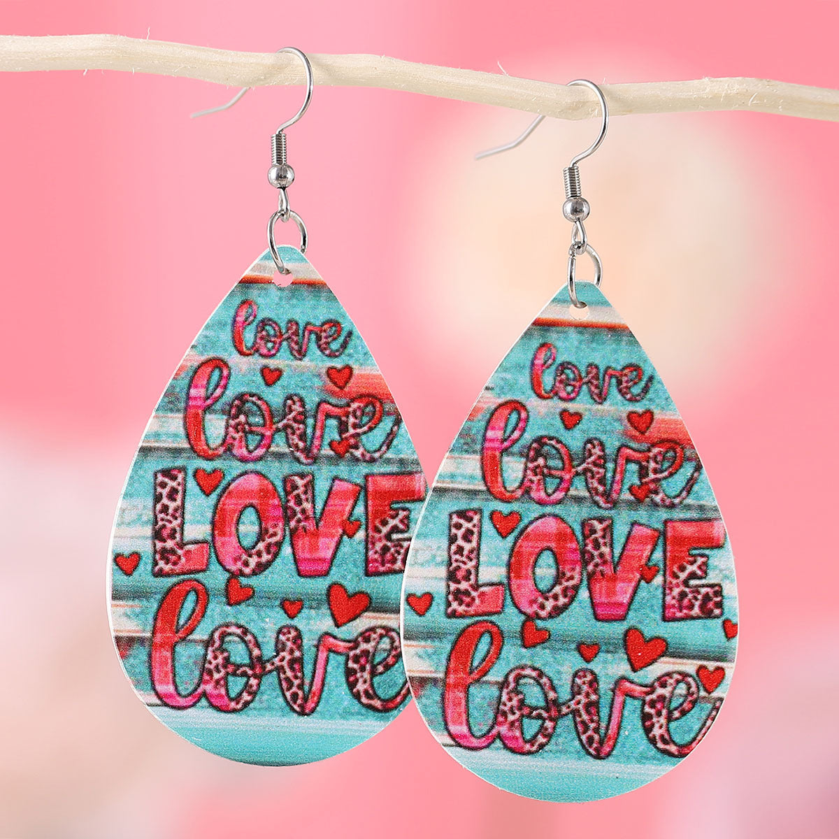 Wholesale Valentine's Day Plaid Love Water Drop Leather Double Sided Earrings