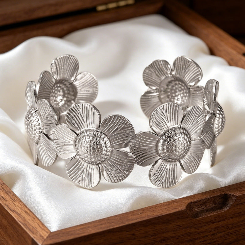 Wholesale Stainless Steel Electroplated Flower Open Cuff Bracelet - Trendy Boutique Resale Jewelry