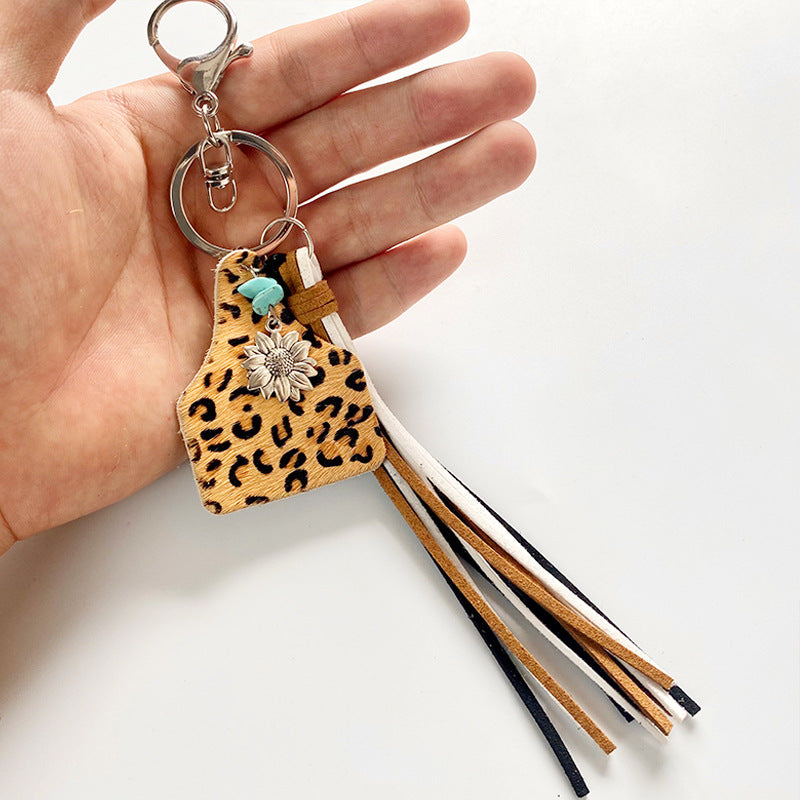 Wholesale Western Style Leopard Fringe Pinestone Sunflower Keychain ACC-KC-HY011