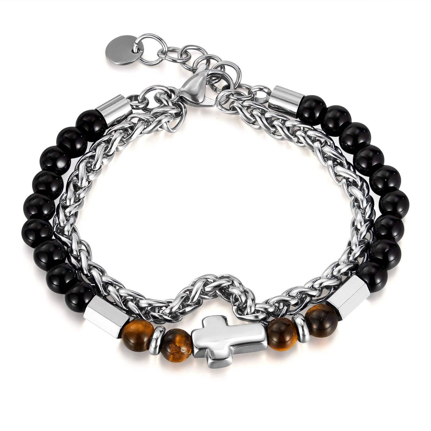 Wholesale Stainless Steel Bracelet Personalized Hip Hop Trendy Cross Double Layer Stacked Tiger Eye Bracelet