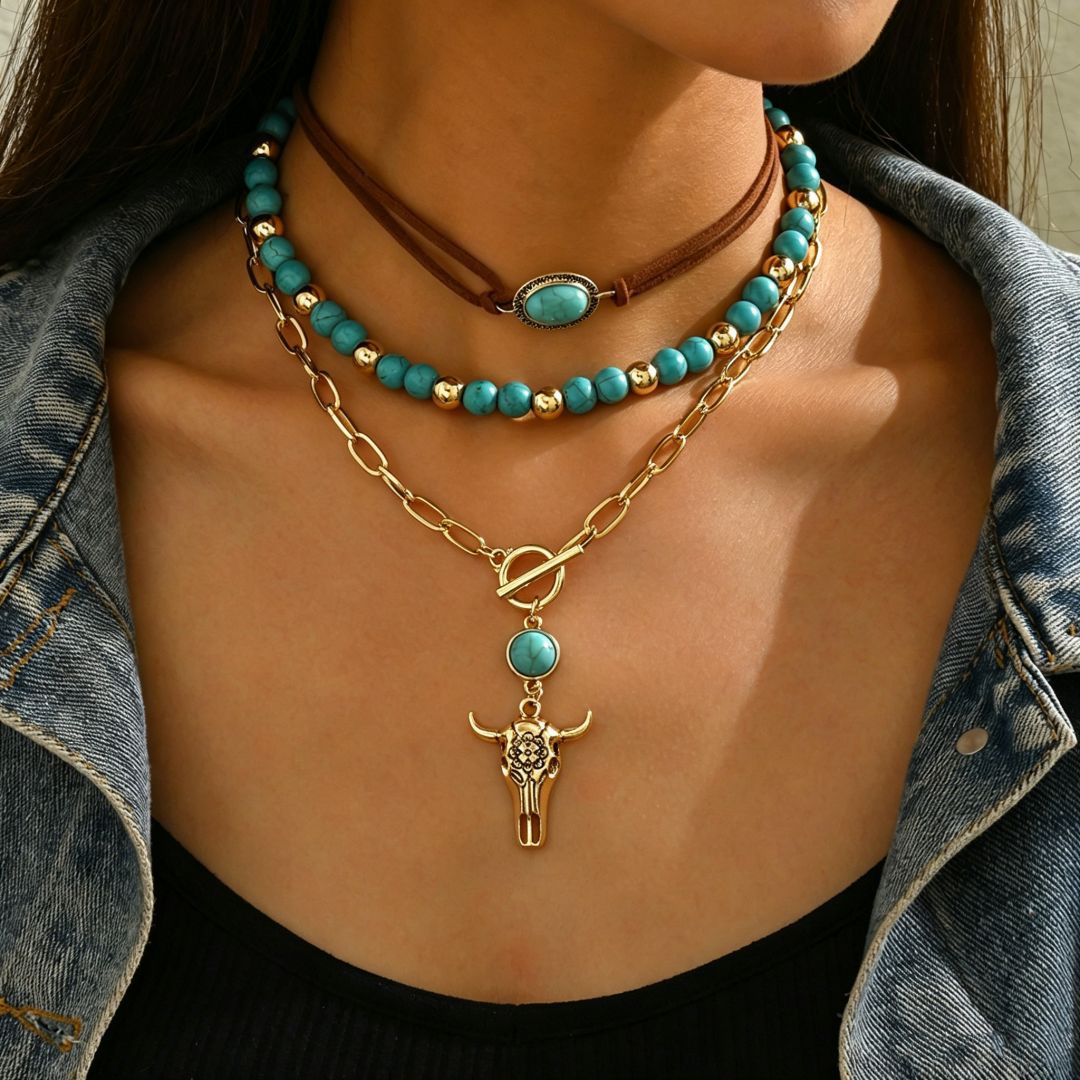 Wholesale Electroplated Alloy Cowboy Necklace Set Vintage Bull Head Turquoise Jewelry Accessory