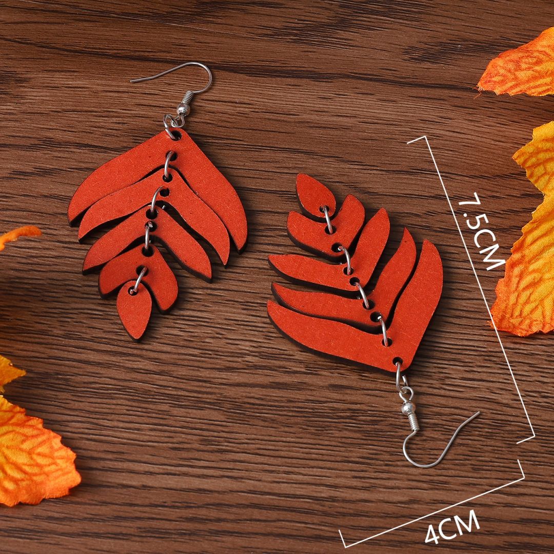Wholesale Double-sided Wooden Earrings Bohemian Red Leaf Earrings