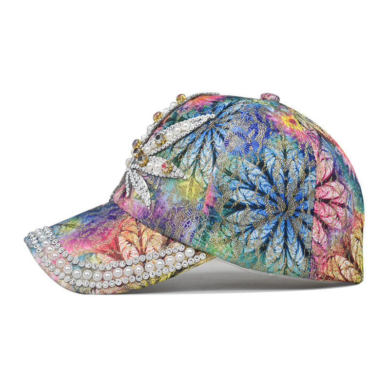 Wholesale Maple Leaf Print Rhinestone Baseball Cap Teal Adjustable For Men Women Outdoor Everyday Wear
