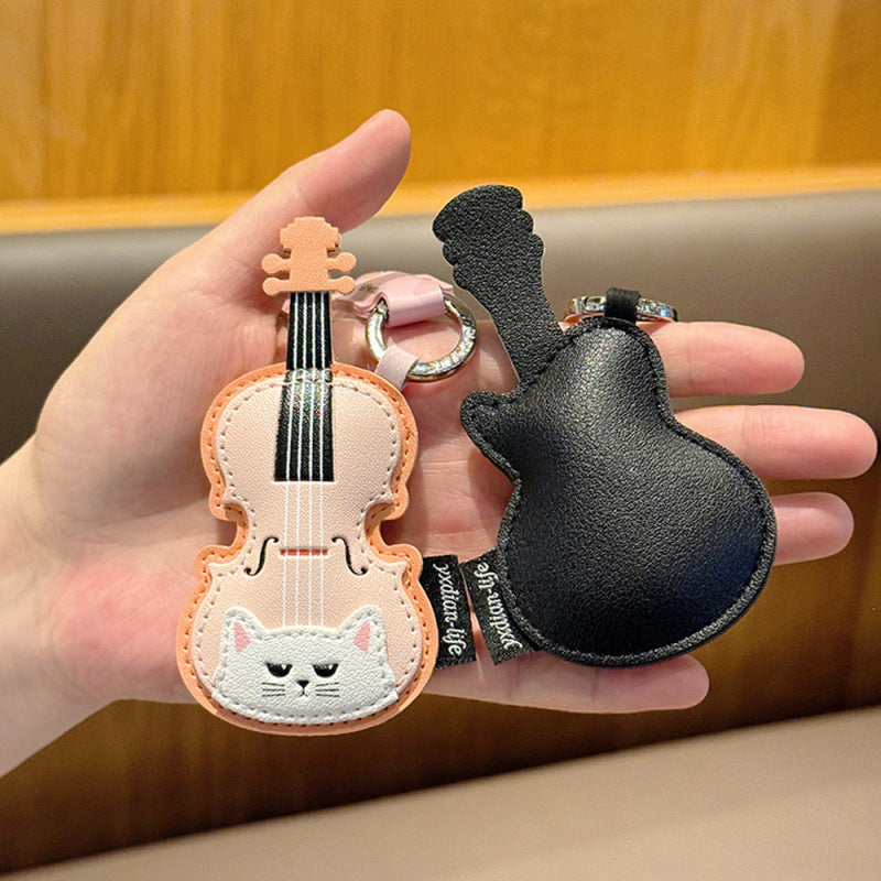 Wholesale Leather Cat Guitar Keychain Decorative Accessory Music Lover Gift With Anti Counterfeit Card