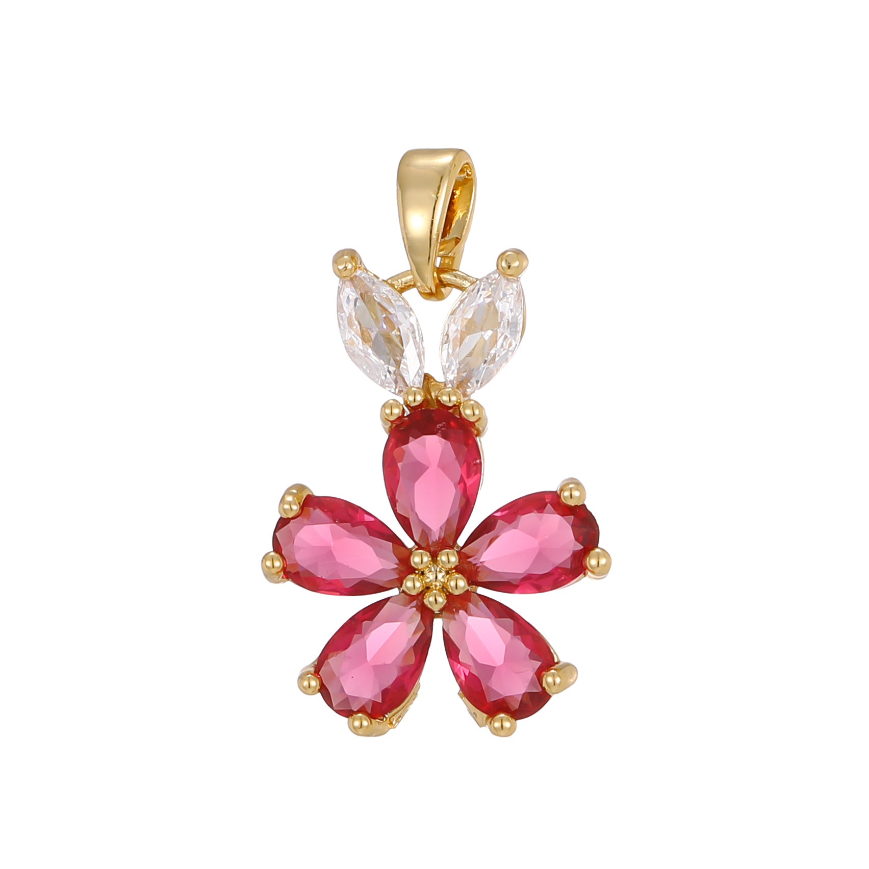 Wholesale Trendy Five-Petal Flower Pendant Necklace Copper Gold Plated Pink Zircon Fashion Jewelry Accessory