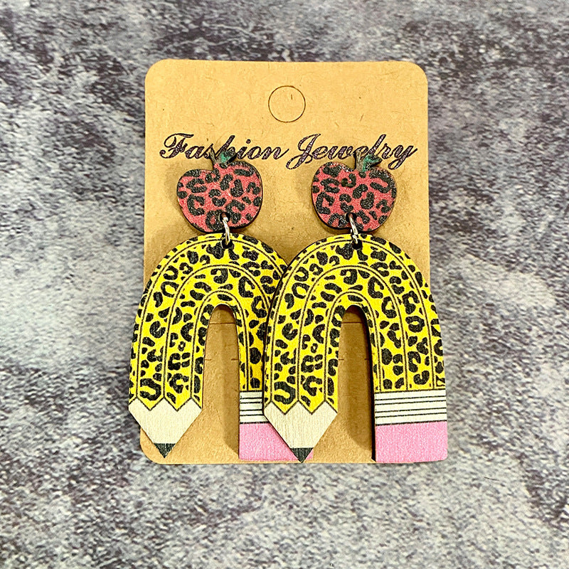 Wholesale Teacher's Day Wooden Earrings Leopard Print Pencil Apple Stitching Earrings ACC-ES-XinChuan029