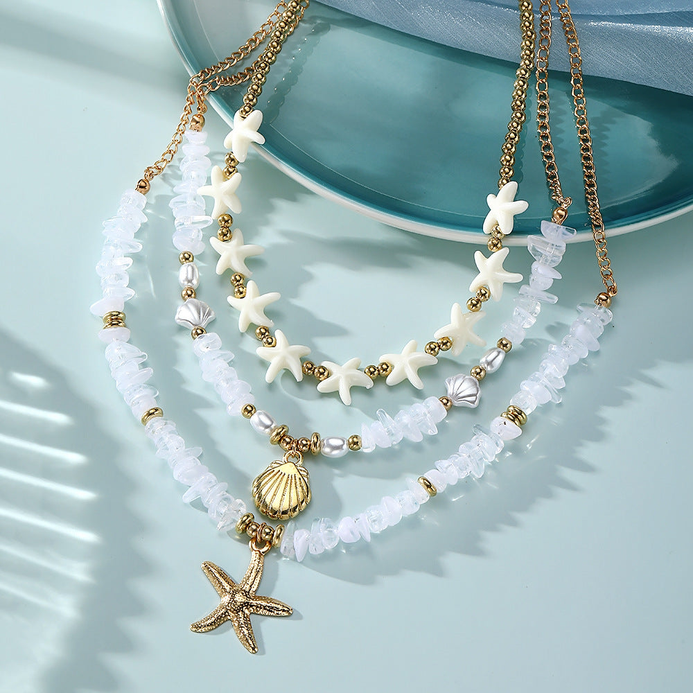 Wholesale Stylish Faux Pearl Layering Necklace Beach Starfish Shell Retro Alloy Electroplated Jewelry Fashion Accessory For Vacation Boutique Resale