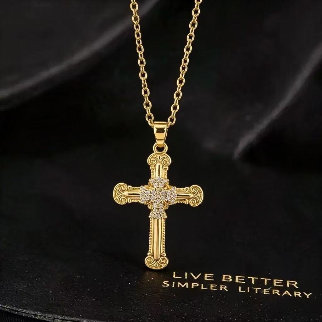 Wholesale Gold Plated Copper Micro Set Zircon Cross Necklace Fashion Accessory For Boutique Resale
