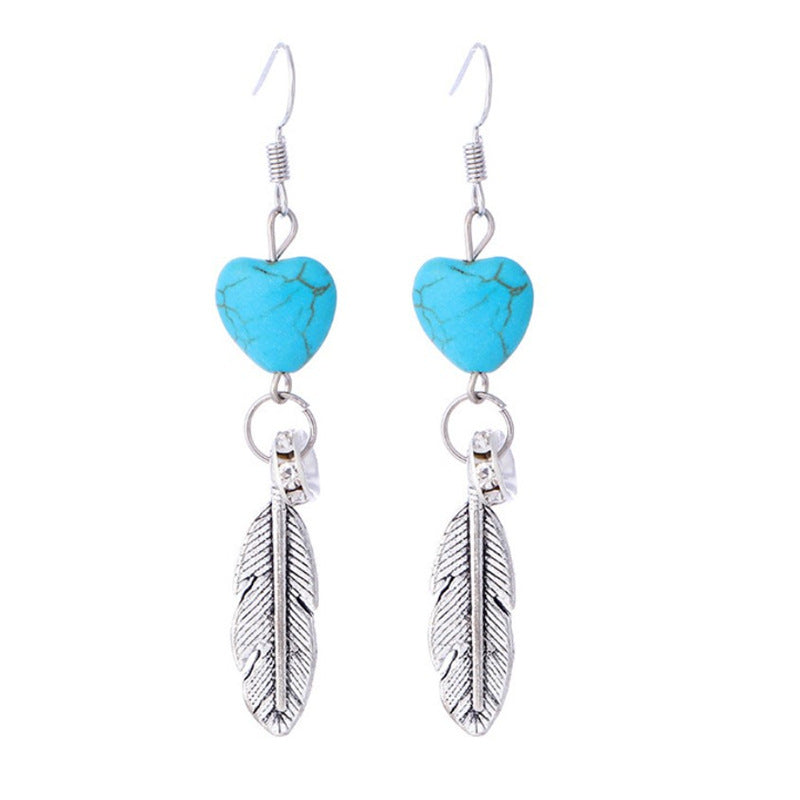 Wholesale Zinc Alloy Turquoise Heart Feather Drop Earrings Boho Style Jewelry Accessory Gift