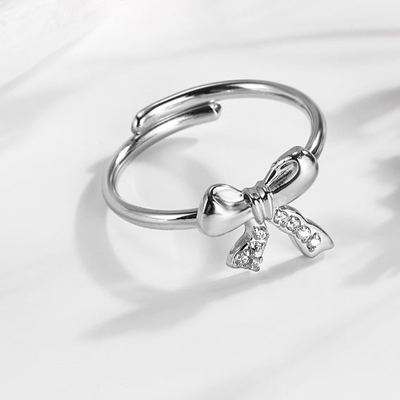 Wholesale 2PCS Steel-titanium bow zircon ring adjustable