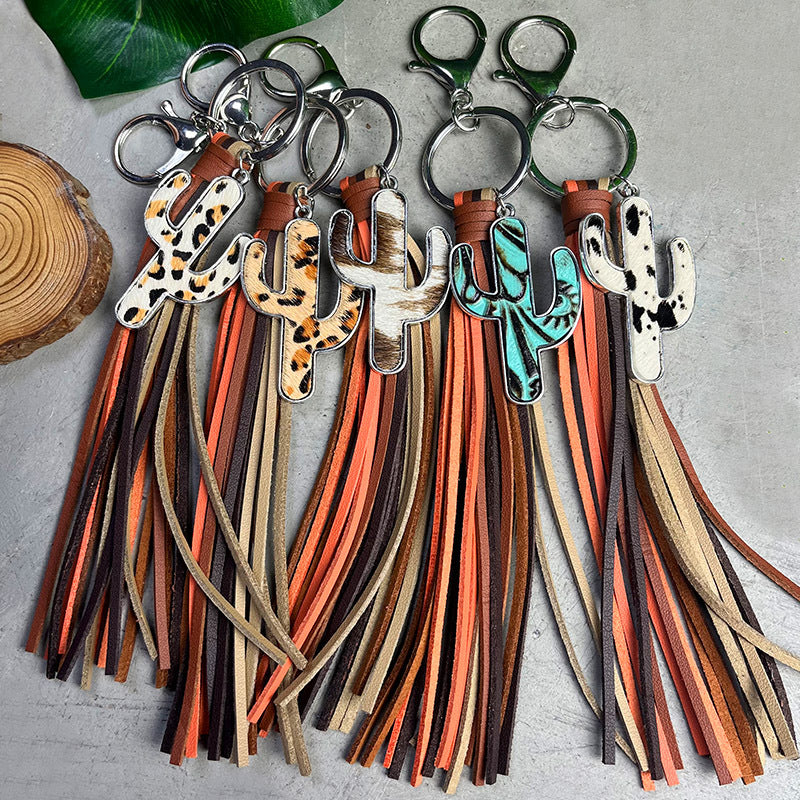 Wholesale 2pcs/pack Western Style Cactus Tassel Genuine Leather Horse Hair Keychain ACC-KC-HY016