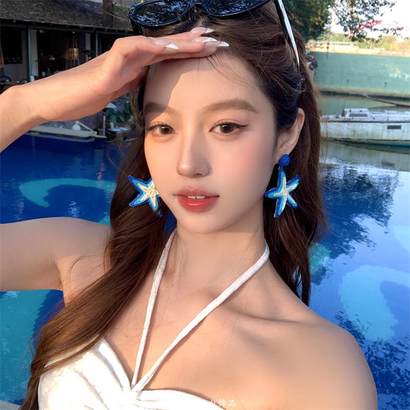 Wholesale Chic Blue Starfish Earrings,  Korean Style Jewelry Accessory for Party Wear or Beach Vacation