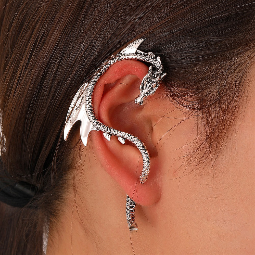 Wholesale Dragon Ear Cuff Clip On Earrings For Women Punk Style Non Pierced Zircon Ancient Silver Stylish Jewelry Gift