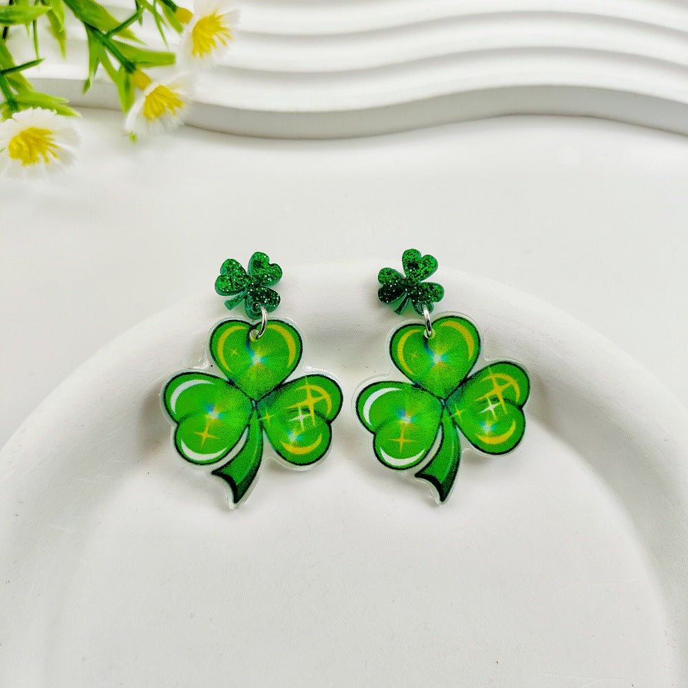 Wholesale 10pcs St. Patrick's Day Acrylic Glitter Green Hat Clover Earrings