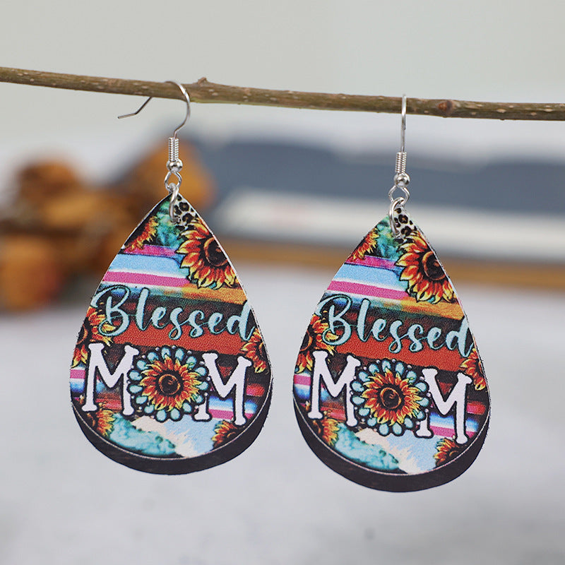 Wholesale Mother' s Day Sunflower Leather Blessing Earrings