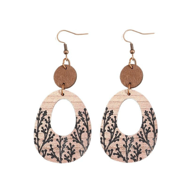 Wholesale Vintage hollow geometric print plant tree bohemian wooden earrings