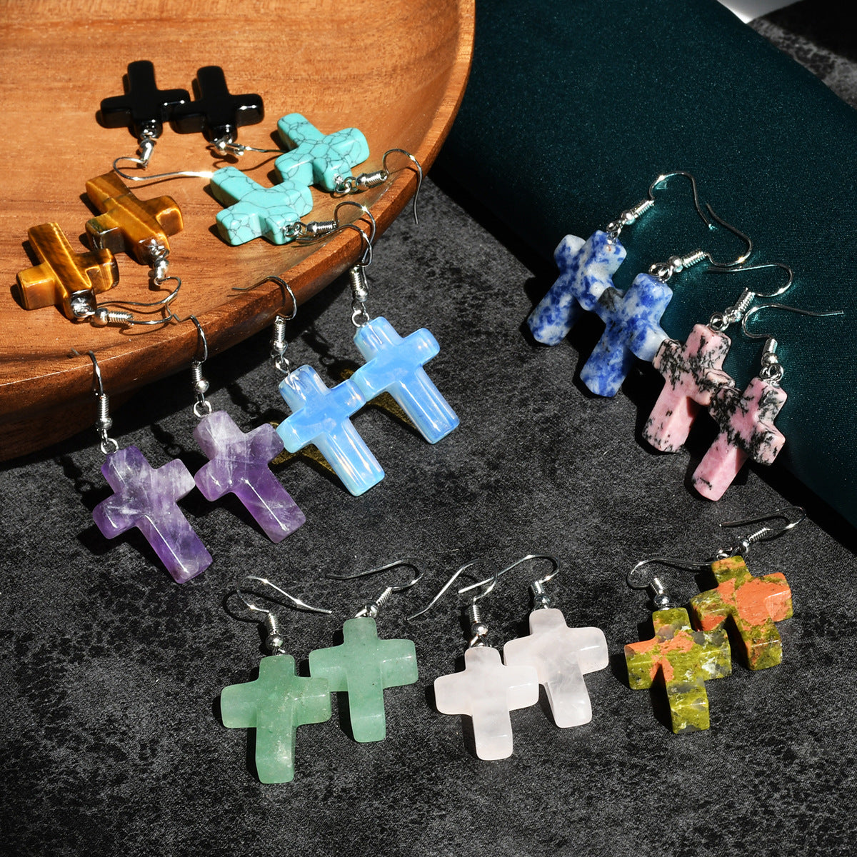 Wholesale Green Aventurine Cross Pendant Earrings Retro Style Handmade Fashion Accessory for Women Gift