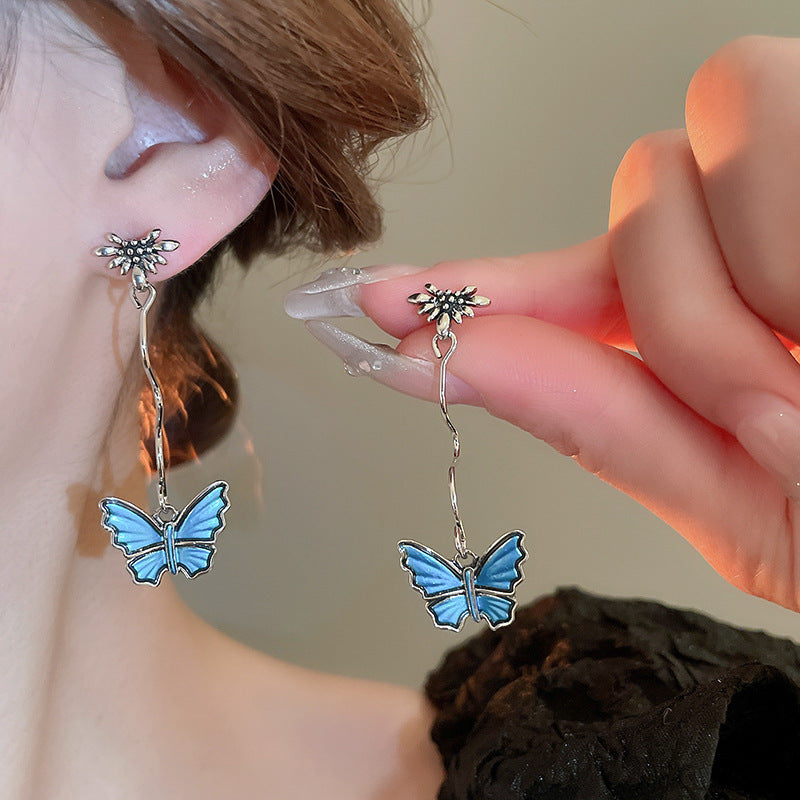 Wholesale  Oil Dropping Old Butterfly Metal Flower Silver Pin Earrings