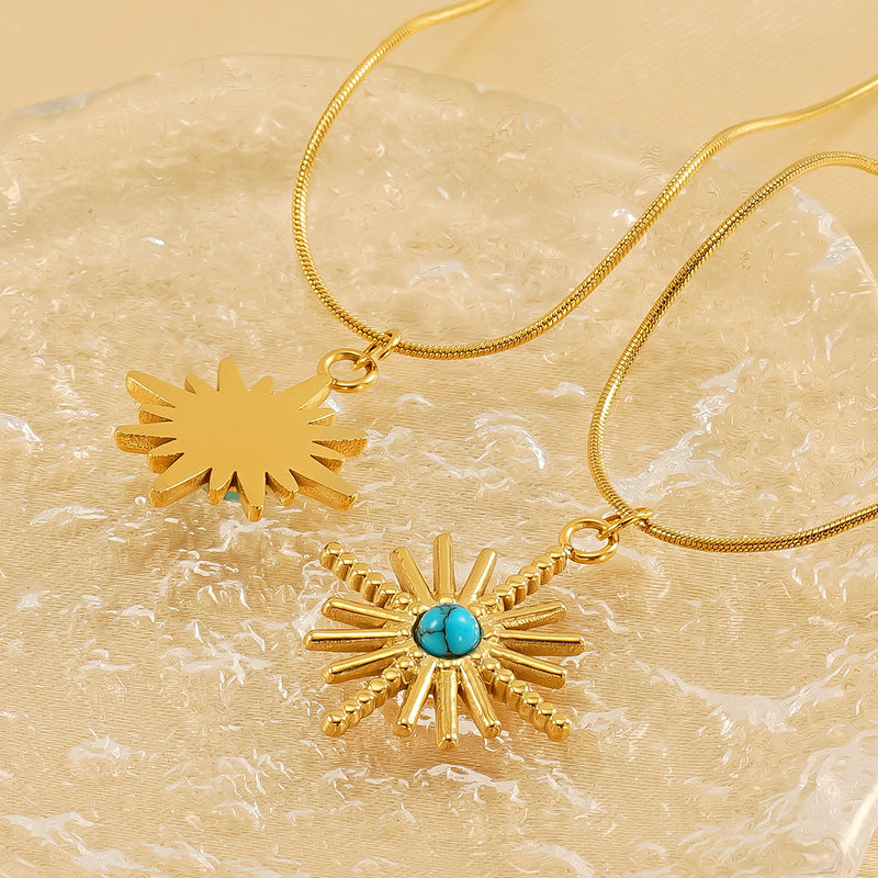 Wholesale Titanium Steel Turquoise Pendant Necklace for Women,  Geometric Star Chain,  Trendy Fashion Accessory