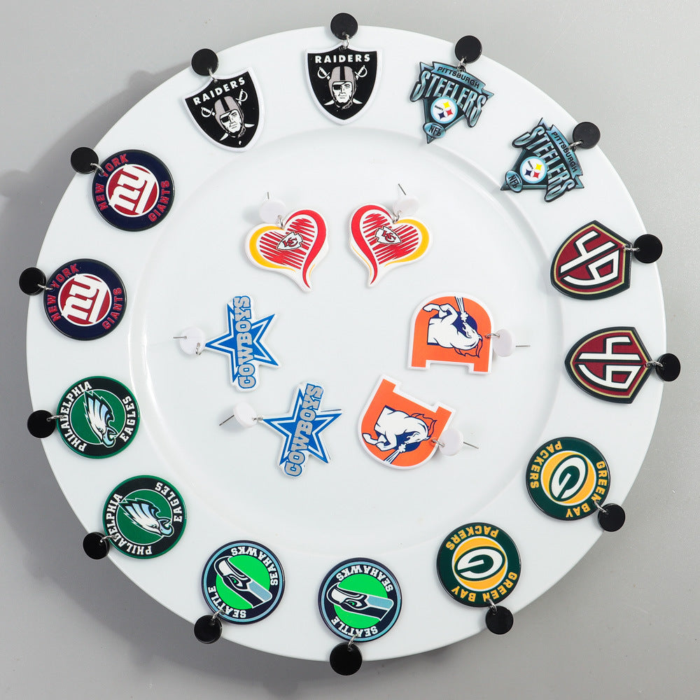 Wholesale Foreign Trade Cross-border European and American Football League Exaggerated Earrings Distinctive Sweet Cool Style Acrylic Printed Earrings Earrings