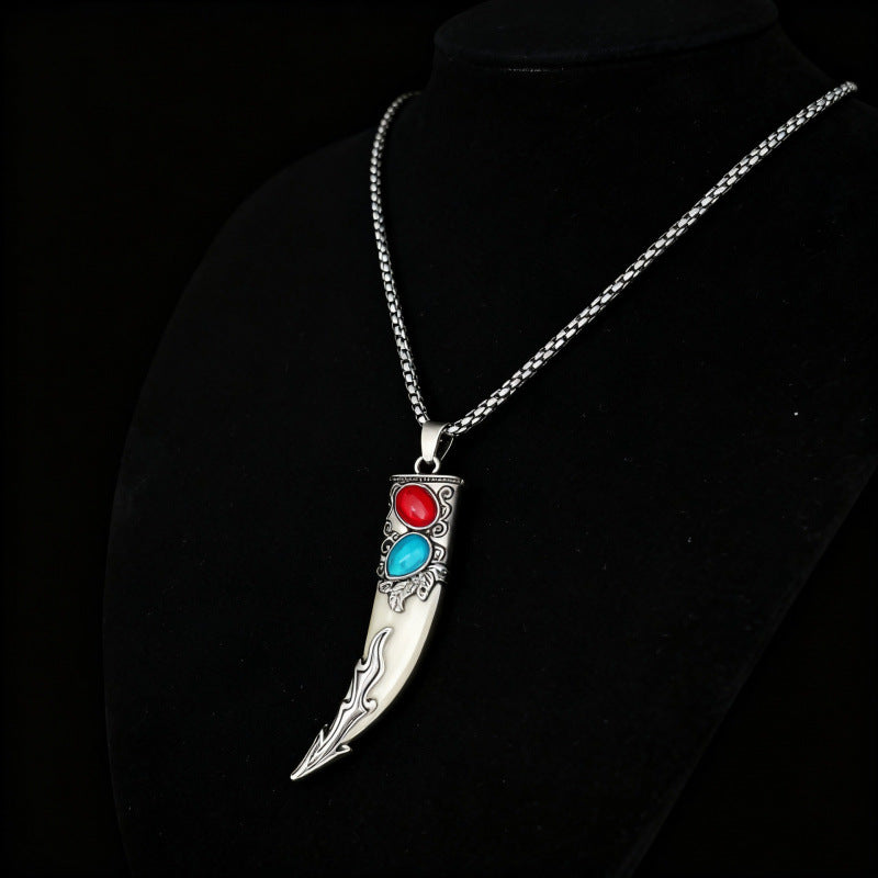 Wholesale Stainless Steel Ethnic Retro Wolf Tooth Pendant Necklace White Charm With Pearl Chain Fashion Accessory For Everyday Wear