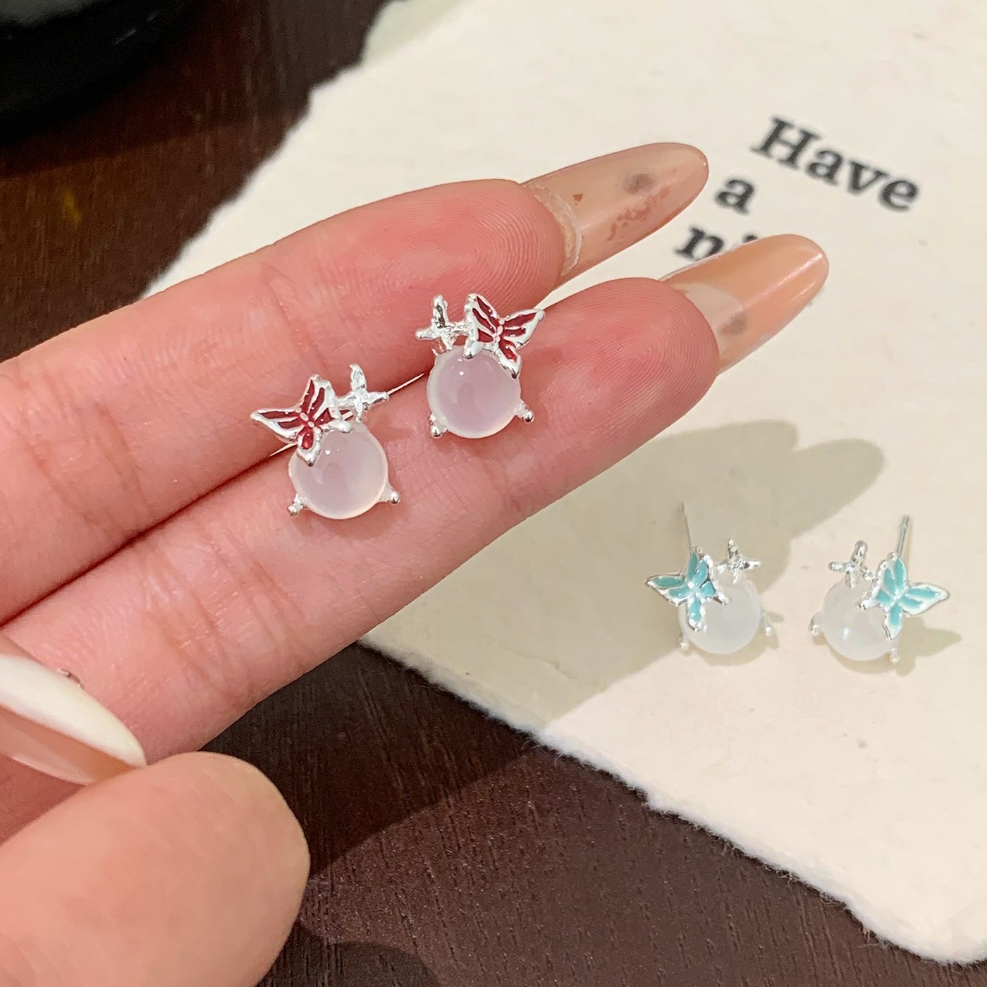 Wholesale Small fresh and sweet oil-drop butterfly cat' s eye stone round ball earrings